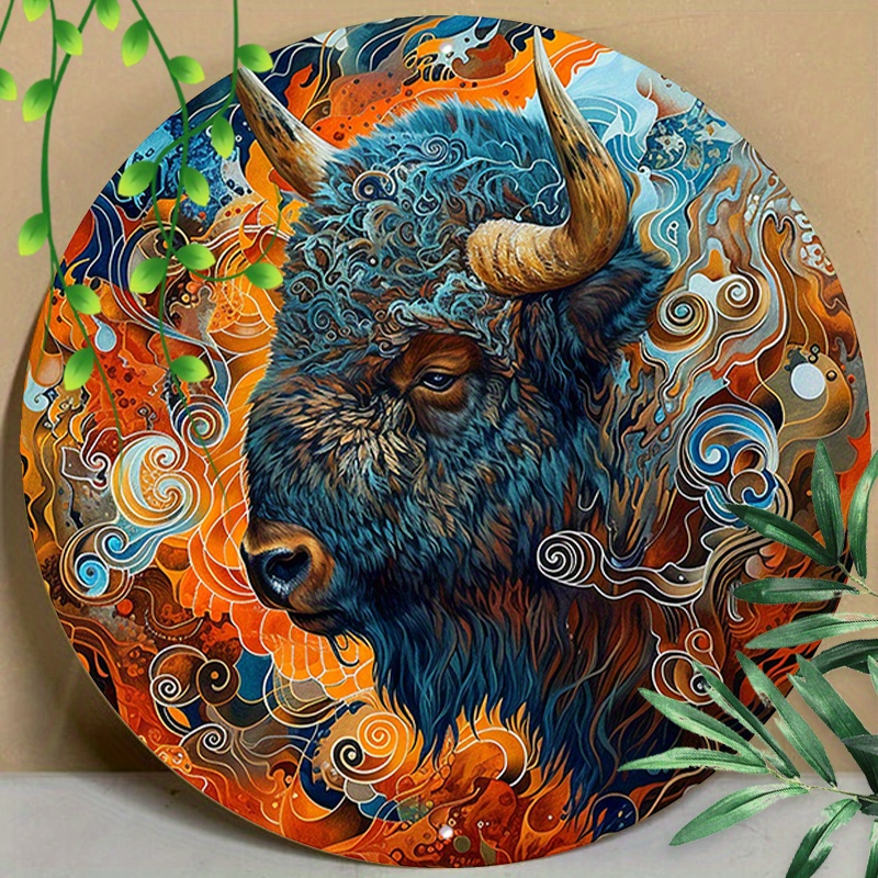 

1pc 8x8inch (20x20cm) Round Aluminum Sign Metal Sign Funny Metal Sign Multicolored Bison For Room Decor, Wall Decor