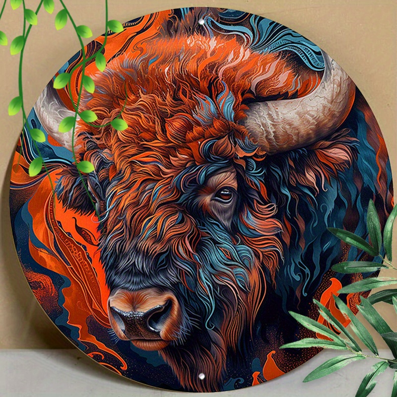 

1pc 8x8inch (20x20cm) Round Aluminum Sign Metal Sign Metal Sign Bison Multicolored For Wall Decor, Room Decor