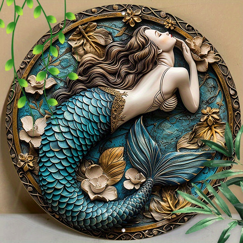 

1pc 8x8inch (20x20cm) Round Aluminum Sign Metal Sign Vintage Mermaids Print Decorations Metal Sign For Kitchen Office Coffee Cafe Decor