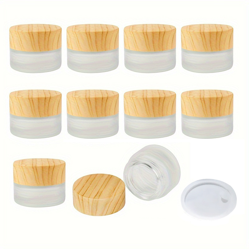 

10pcs 5/10/15/20g Glass Jar Pot Cosmetics Subpackage Filling Wood Grain Cap Jars Face Cream Storage Cans Frosting Refillable Travel Packaging Container Travel Accessories