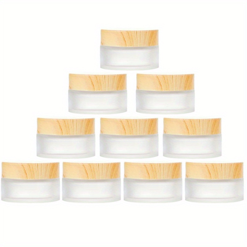 10pcs Refillable Glass Jars For Cosmetics - 5g, 10g, 15g, 20g Sizes With Wood Grain Caps | Perfect For Face Creams, Lotions & Travel Essentials, Subpackage Filling, Frosting, Storage Cans