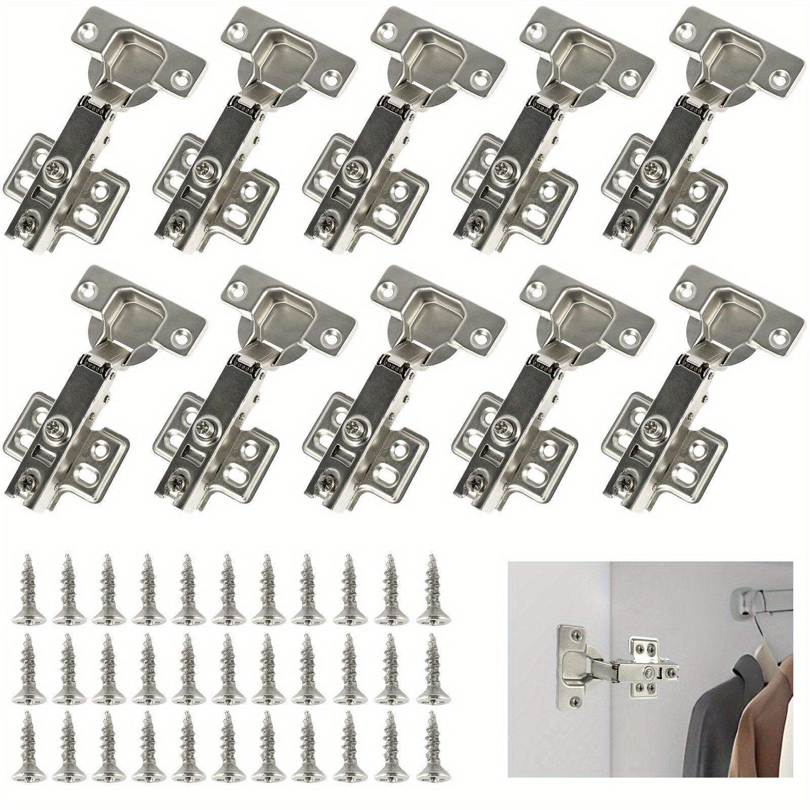 

10pcs Cupboard Hinges Full Overlay Mute Cabinet Door Hinges Set With Screws Cold Rolled Steel Soft Close Hinges 95°-105° Opening Angle For Kitchen Bathroom Cabinet Doors