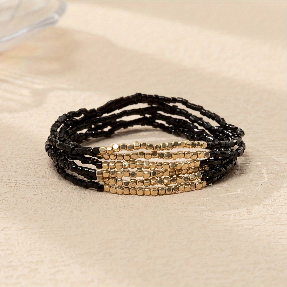 E-shop 6-teiliges/Set Böhmische Stapel-Perlenarmband-Set, Mehrfarbige Reisperlen Urlaubsstil Handkette Schmuck Kleines Geschenk, Goldene Quadratische