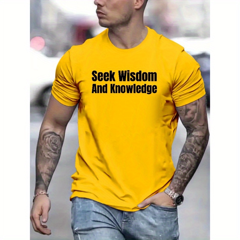 

Seek Wisdom And Knowledge Print Men's Short Sleeve Crew Neck T-shirts, Comfy Breathable Casual Slightly Stretch Tops, Men's Clothing, Summer