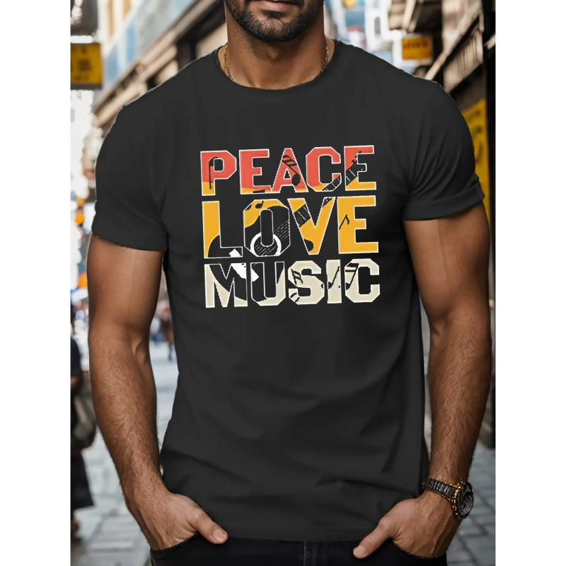 

Peace Love Music Print T Shirt, Tees For Men, Casual Short Sleeve T-shirt For Summer
