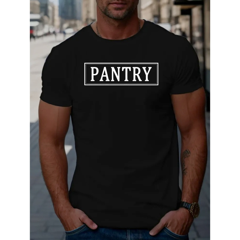 

Pantry Letter Graphic Print Men's Creative Top, Casual Short Sleeve Crew Neck T-shirt, Men's Clothing For Summer Outdoor
