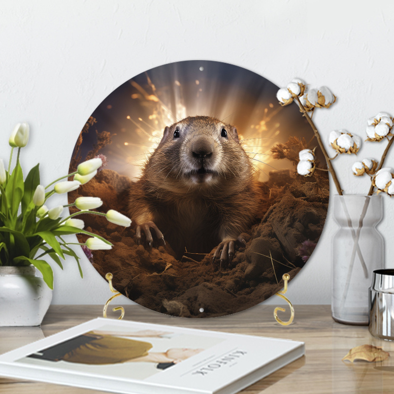 

1pc 8x8inch Aluminum Metal Sign Groundhog Emerging From A Burrow With Bright Spotlights For Home Decor, Wall Decor, Metal Wreath Sign, Door Decor