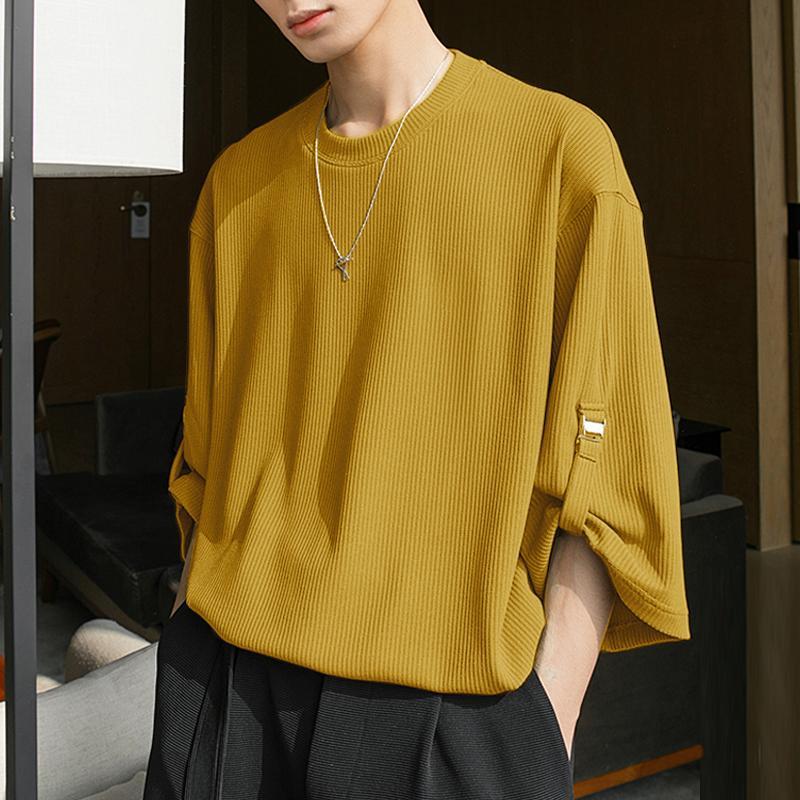 

Summer Solid Men's Knitted Buckle Design T-shirt, Short Sleeve Round Neck Streetwear