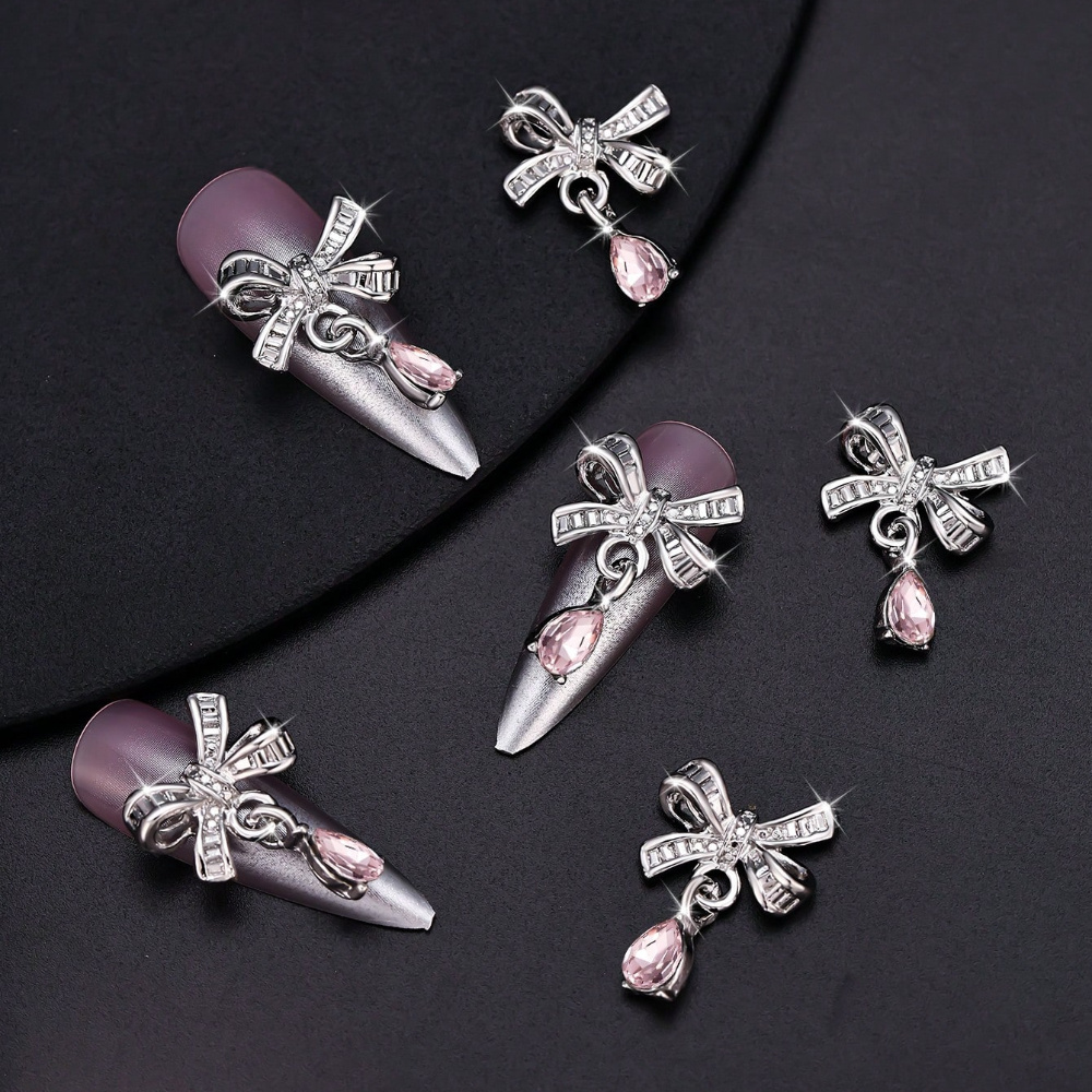 

10pcs Y2k Style Classic Metallic Bowknot Pendant Nail Charms With Rhinestone For Nail Art Decoration