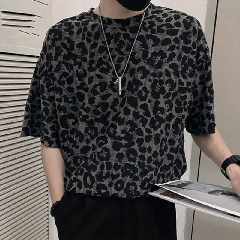 

Men's Leopard Short Sleeve Crew Neck T-shirt, Summer Daily