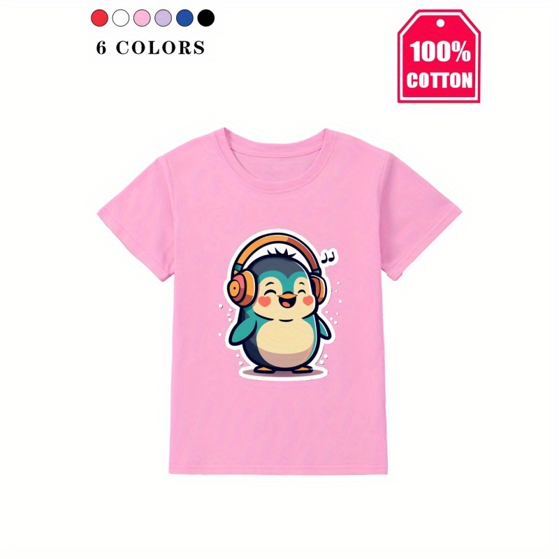 

Happy Penguin Wearing Headphones Print T-shirt For Girls, Casual Breathable Short Sleeve Crew Neck Top For Summer
