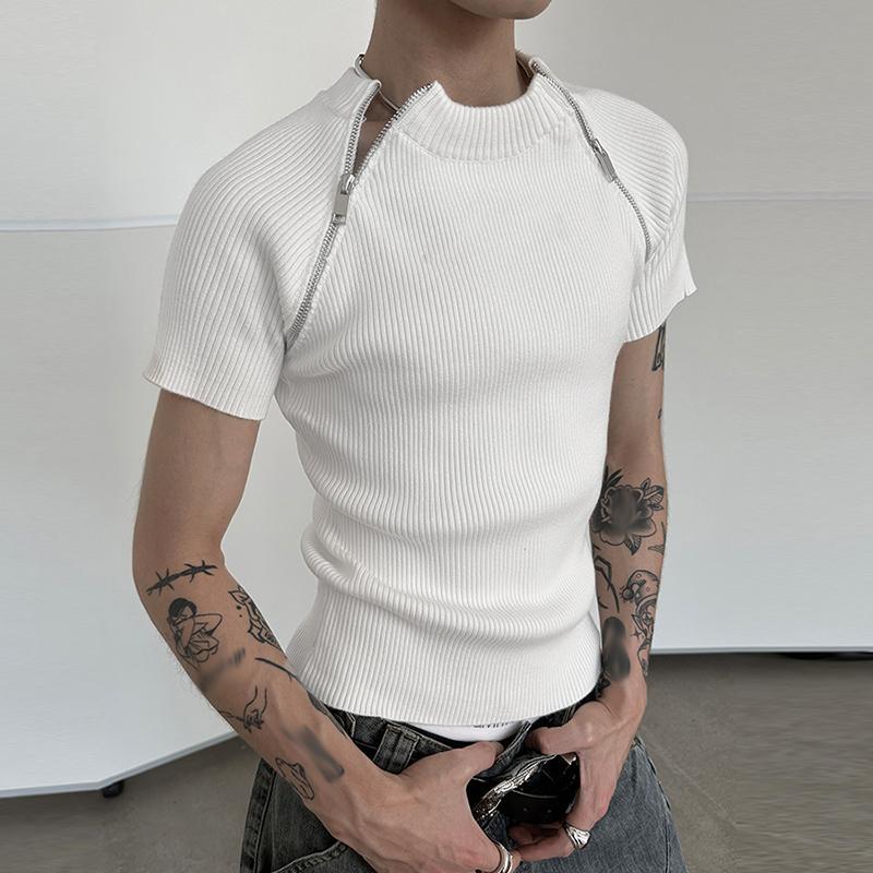 

Solid Fashion Men's Zipper Design Short Sleeve Round Neck T-shirt, Summer Streetwear For Men