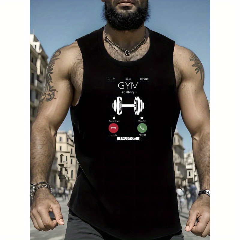 

Gym Is Calling Print Men's Quick Drying Moisture-wicking Breathable Tank Tops, Summer Athletic Gym Bodybuilding Sports Sleeveless Shirts For Fitness Workout Running Training