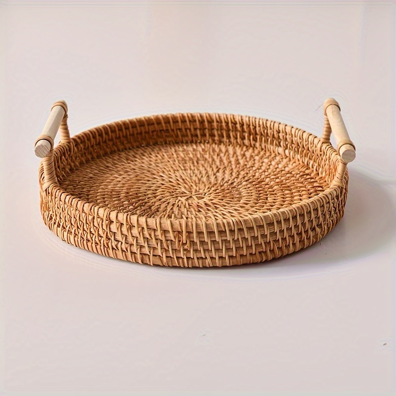 

1pc, Wooden Snack Tray, Multipurpose Handmade Rattan Serving Tray, Double Ear Tea Tray, Fruit Plate, Bread Snack Basket, Storage Woven Basket, Home Supplies