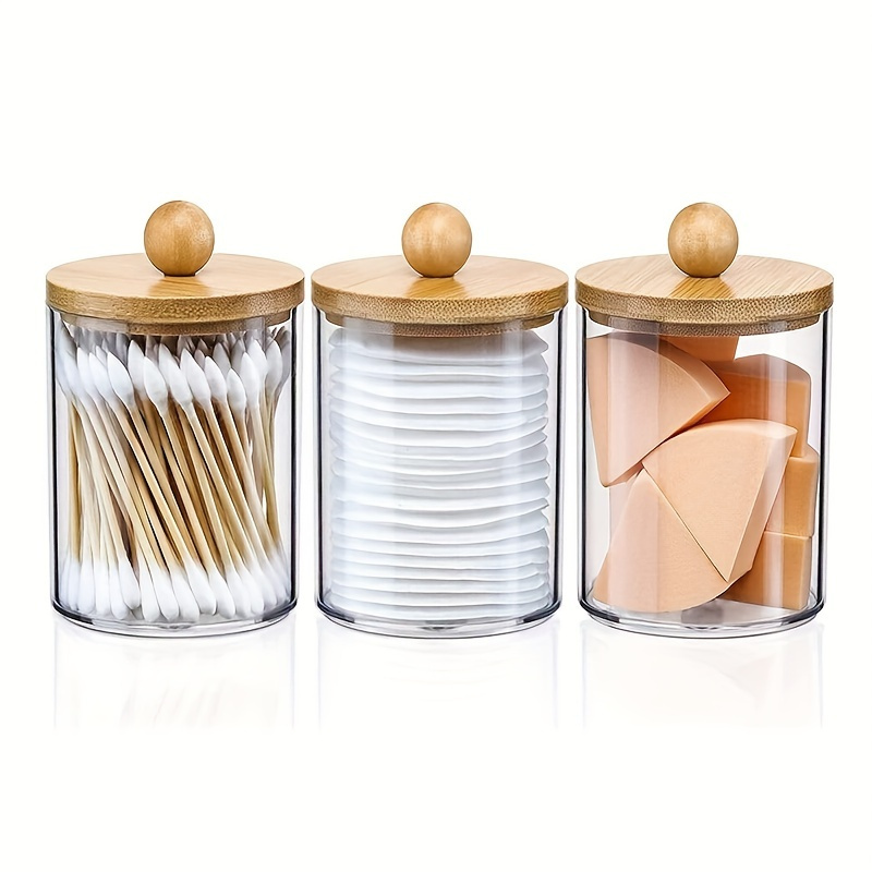 

1/3/4pcs Cotton Balls Cotton Swabs Dispenser, Clear Plastic Storage Box, Makeup Organizer With Bamboo Lid, Cotton Swab Holder, Home Accessories