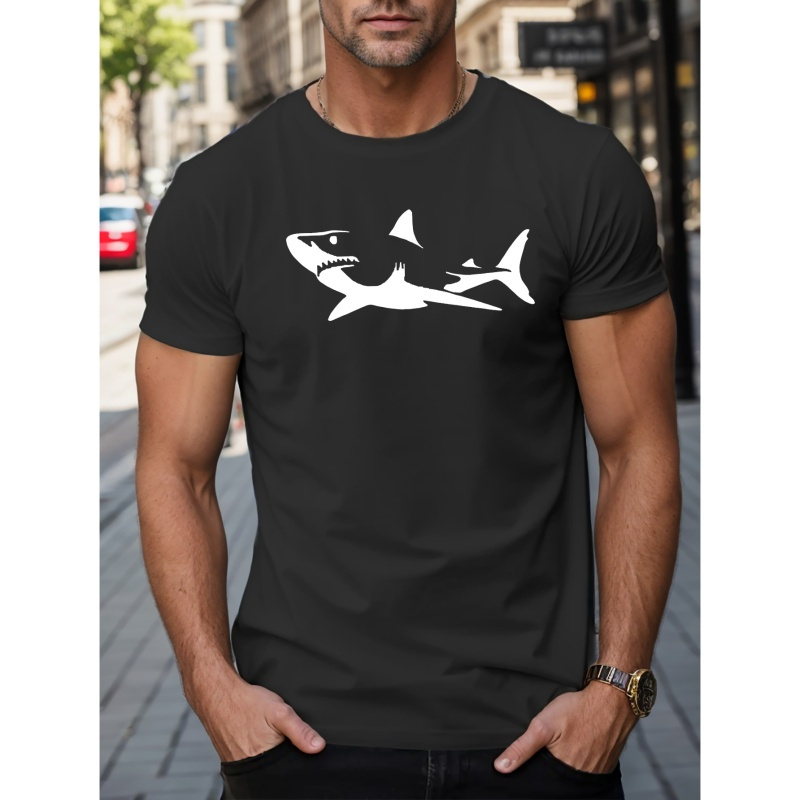 

A Big Shark Graphic Print Men's Short Sleeve Crew Neck T-shirts, Comfy Breathable Casual Slightly Stretch Casual Tops, Men's Clothing
