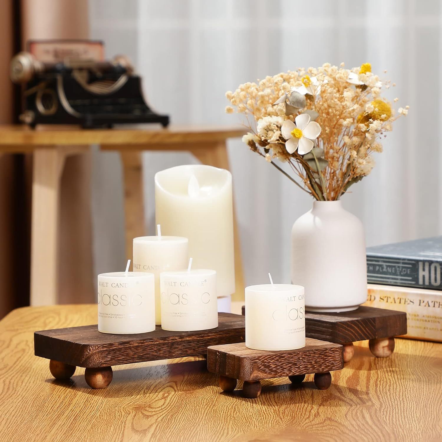 

3pcs Farmhouse Brown Wood Pedestal Stand Vintage Risers For Display, Rustic Wooden Riser, Stackable Kitchen Decorative Tray, Retro Floating Shelves For Home Bathroom Coffee Bar Table