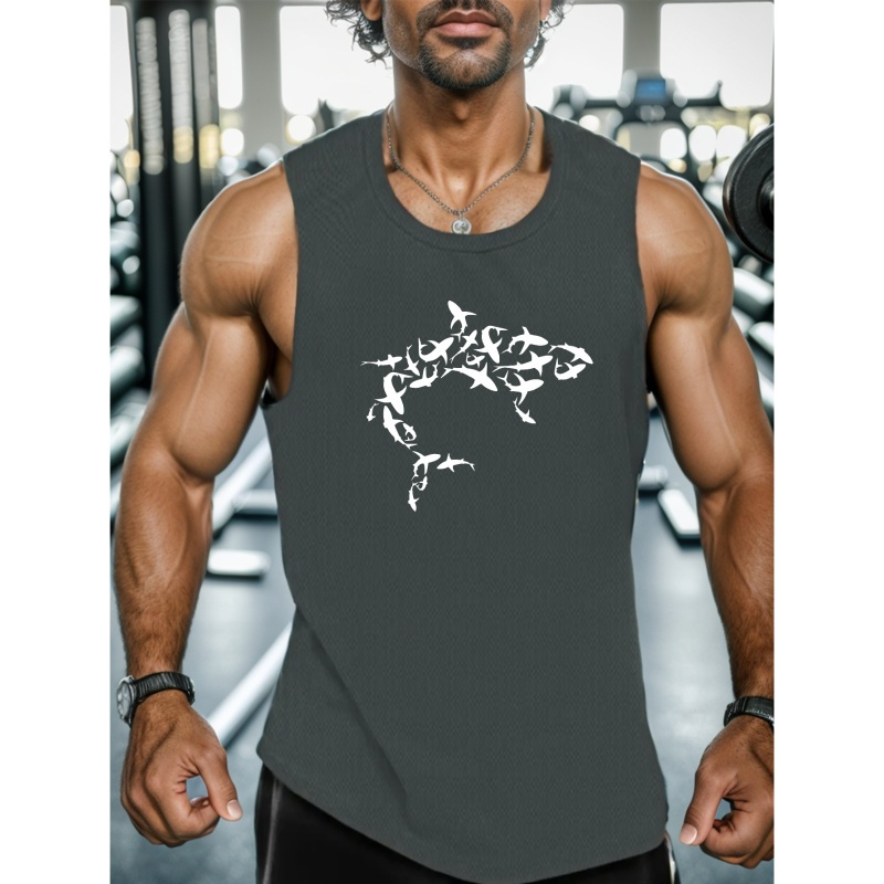 

Shark Print Men's Quick Dry Moisture-wicking Breathable Tank Tops Athletic Gym Bodybuilding Sports Sleeveless Shirts For Workout Running Training Men's Clothes
