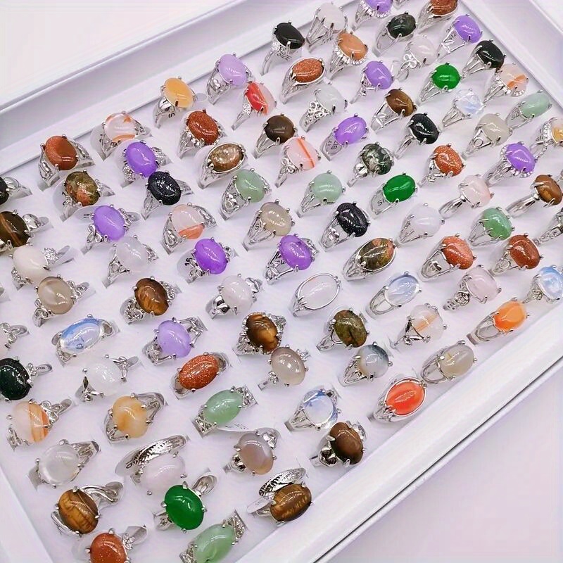 

10pcs Mixed Style Stone Rings - Color Shape Size Random Delivery - Opp Bag Packaging
