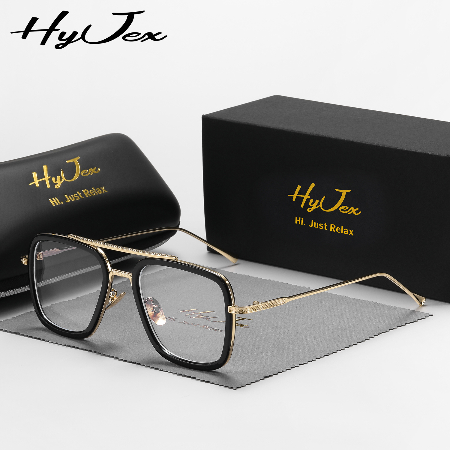 Hyjex Square Frame Glasses, Temple, Large Frame Trendy Plain Lens Glasses