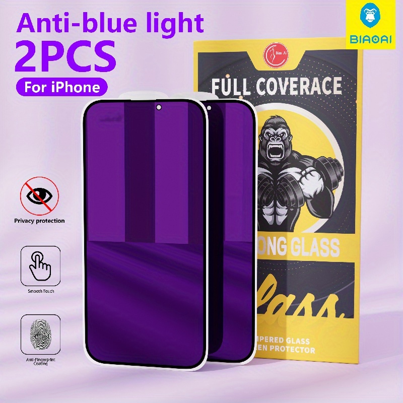 

2pcs Purple Screen Glass Anti Blue Light Screen Protector For 11 12 13 14 15 Pro Max For 15 14 Plus Cell Phone Glass Film.