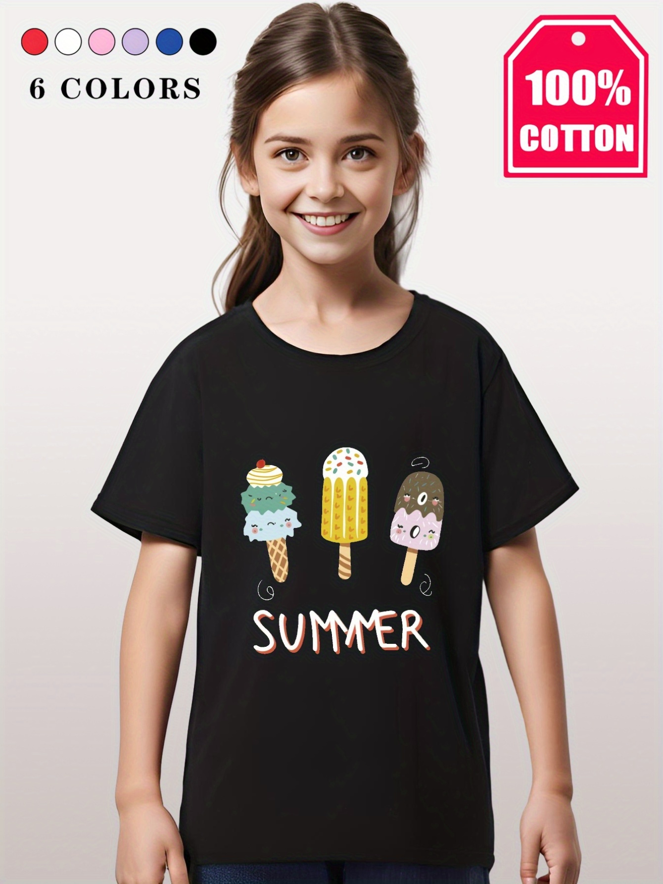 Crew Neck Cotton T Shirt Summer Cute Cartoon Ice Cream Temu Philippines