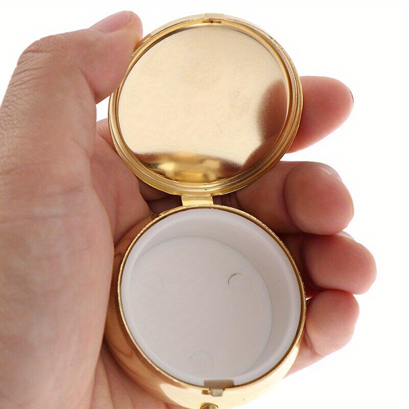 

1pc Elegant Golden-tone Compact Metal Pill Case Organizer With Mirror Lid - Portable, Round Container For Easy Medication Management