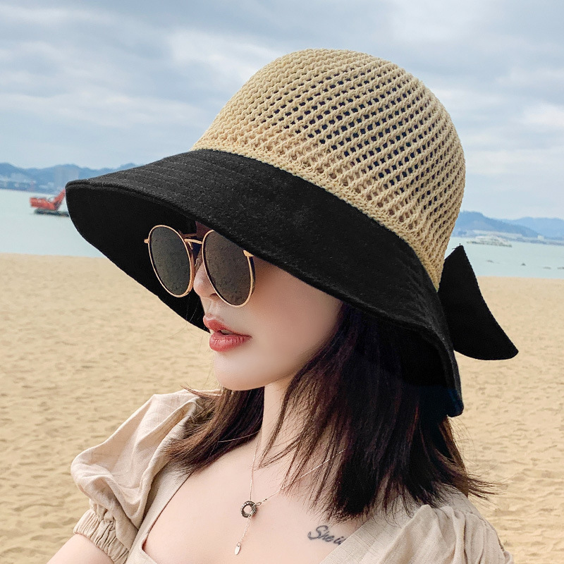 

Bow Decor Bucket Hat Color Block Wide Brim Hats Summer Breathable Sunscreen Fisherman Hats Suitable For Seaside Travel