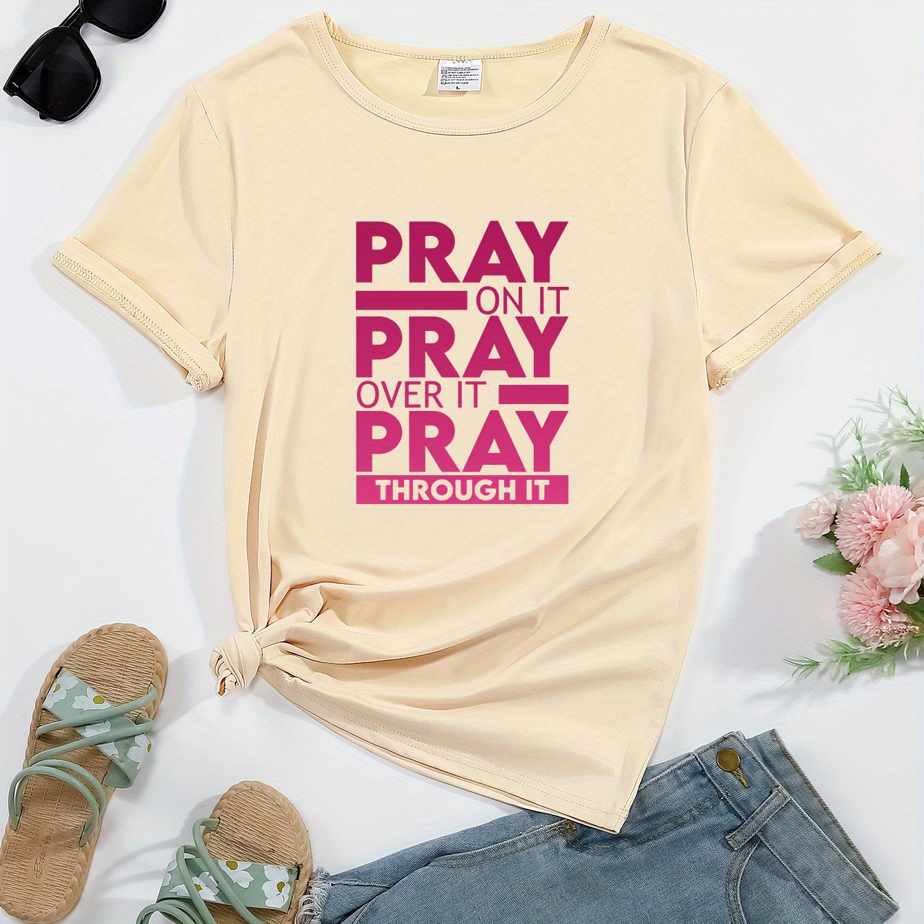 

Women's Printed T-shirt, Casual Style, "pray" Graphic Tee, Round Neck, Short Sleeve, Comfort Fit, Inspirational Fashion Top,