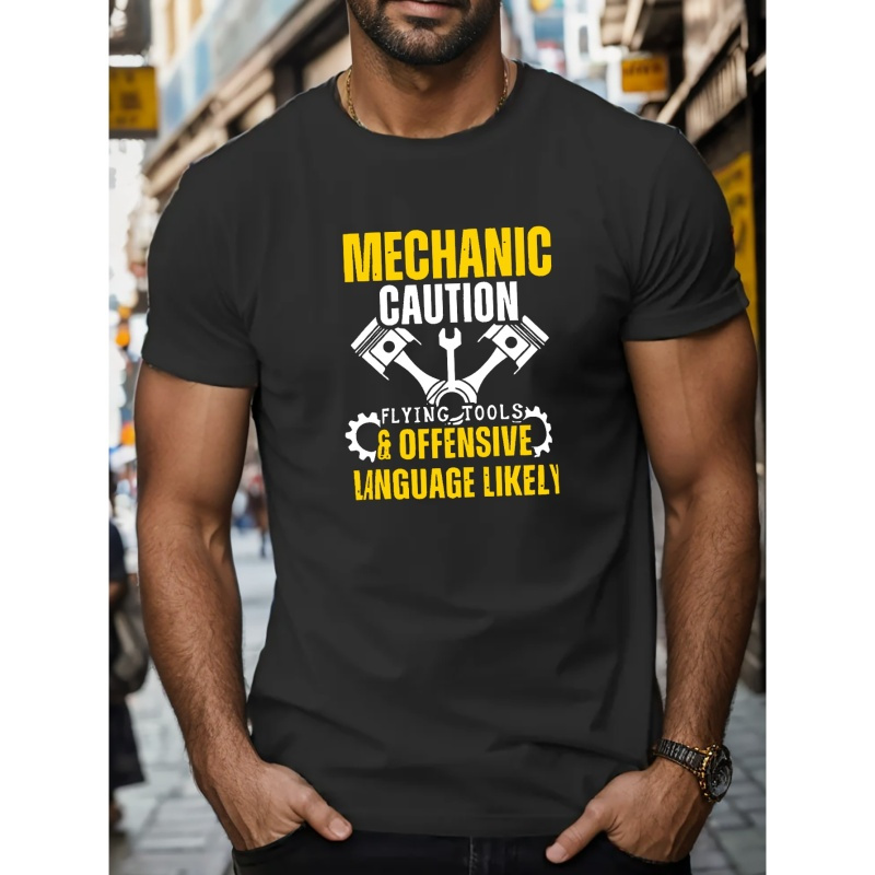 

Mechanic Caution Print T Shirt, Tees For Men, Casual Short Sleeve T-shirt For Summer