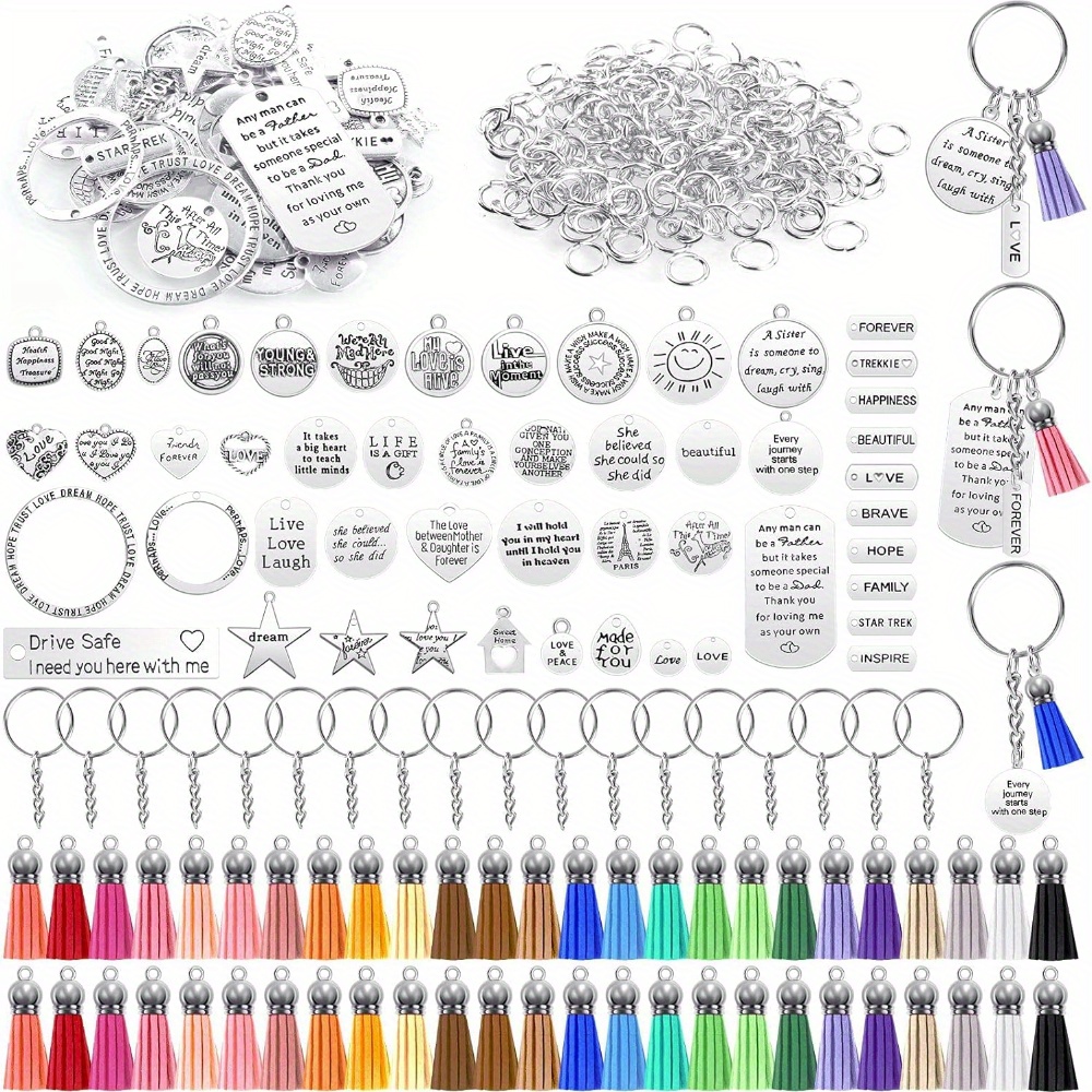 

350pcs Motivational Keychain Making Accessories Set With 50pcs Engraved Inspirational Words Charms, 50pcs Leather Keychain Tassels, 50pcs Keyring With Chain, 200pcs Open Jump Rings For Keychain Making