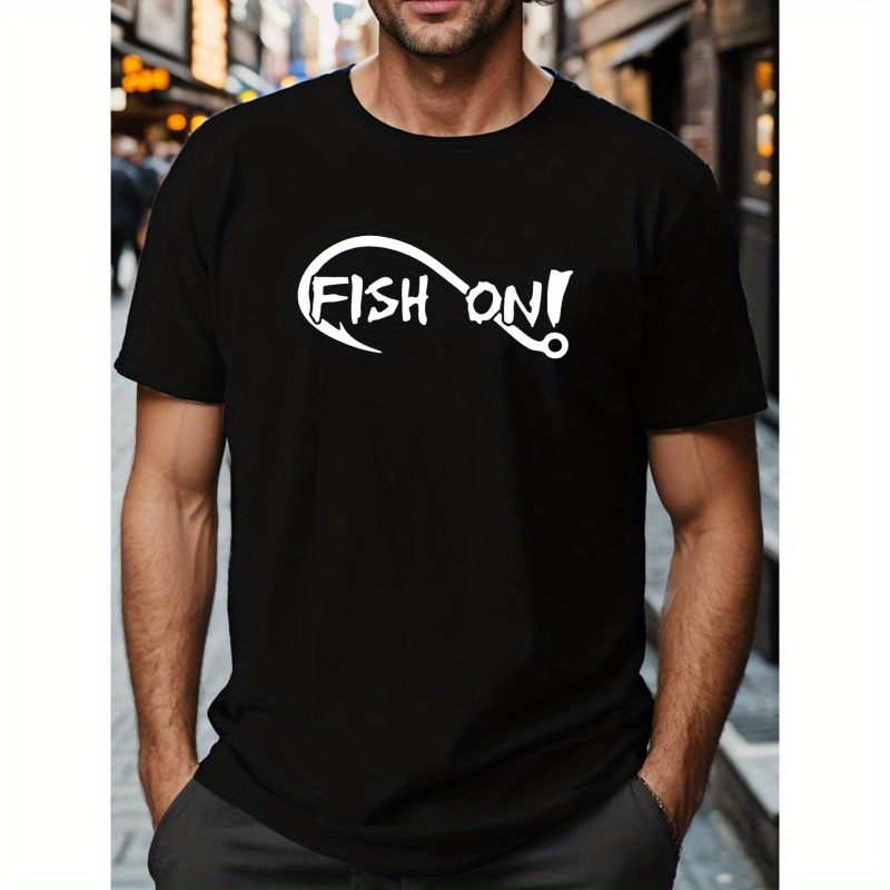 

Plus Size Men's Fish On Print T-shirt, Casual Short Sleeve Crew Neck Tee, Men's Clothing For Outdoor