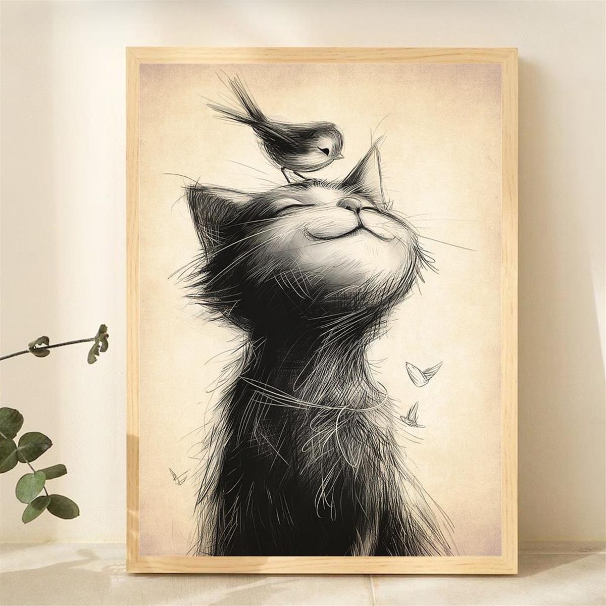 

1pc Unframed Canvas Poster, Modern Art, A Bird Standing On A Cat's Head, A Cute And Warm Decor, Ideal Gift For Bedroom Living Room Corridor, Wall Art, Wall Decor, Winter Decor, Room Decoration