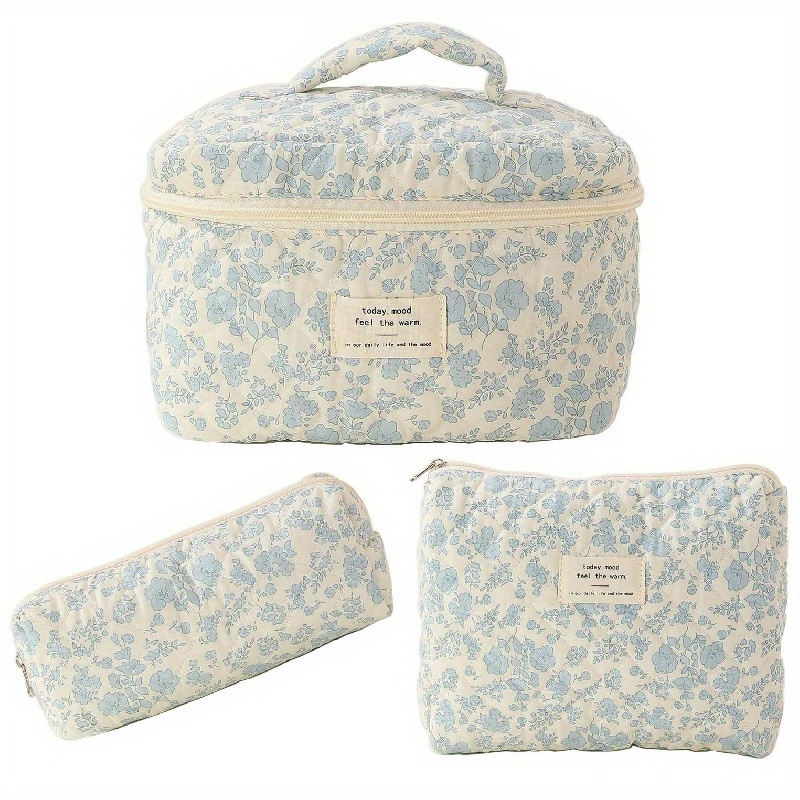 

3pcs/set Floral Pattern Makeup Bag, Quilted Comestic Storage Pouch, Toiletry Wash Organizer For Travel