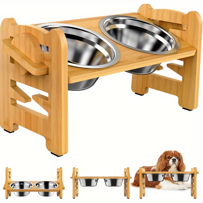 

Elevated Cat Bowls With Bamboo Feeder Stand, Height Adjustable Raised Cat Feeding Station For Small Dog And Cat With 2 Stainless Steel Bowls And Non-slip Feet