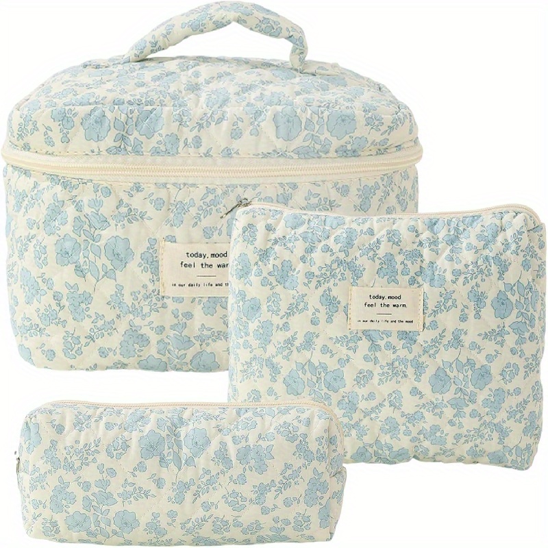 

3 Pc Cotton Quilted Makeup Bag Set, Aesthetic Toiletry Travel Organizer Bag Floral Cotton Cosmetic Bag, Cute Makeup Bag, For Women
