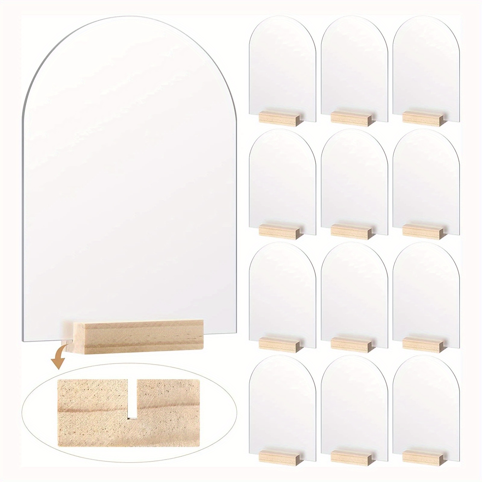 

5pcs, Blank Acrylic Sheet With Wood Stand Holder Arched Sign Table Number Card Base For Wedding Party Centerpieces Decor