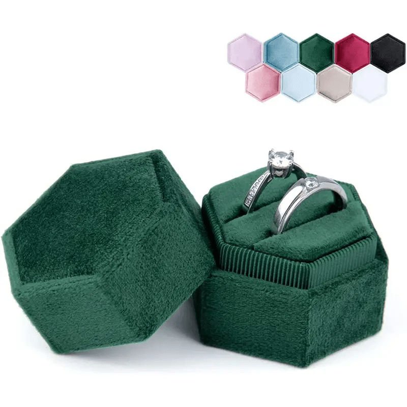 

1pc Hexagon Velvet Ring Box - Premium Gorgeous Vintage Double Ring Display Holder With Detachable Lid Ring Bearer Box Or Proposal, Engagement, Wedding, Ceremony