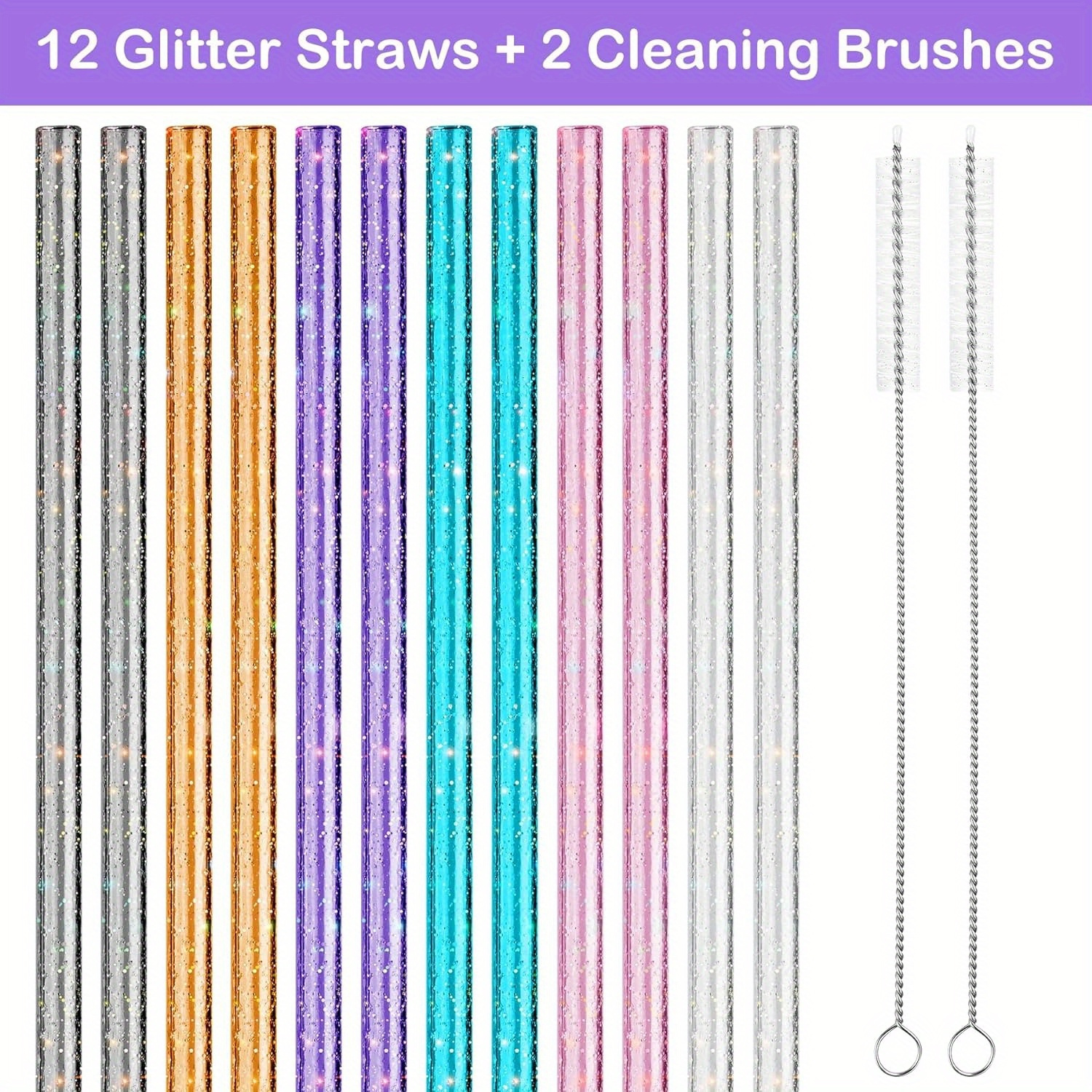 

12pcs Plastic Straws, Glitter Replacement Straws For 40oz Tumbler, 0.32in Diameter Reusable Straws 12in Long Straws With 2 Cleaning Brushes