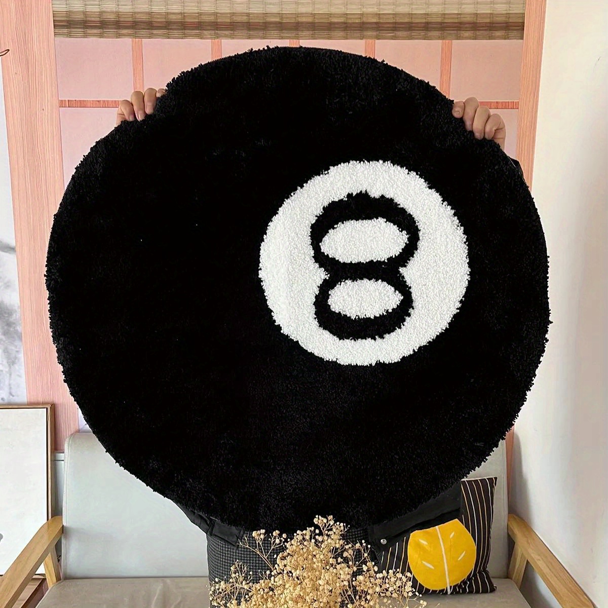 

1pc, Black 8 Balls Area Rug, Tufted Flocking Carpet, Outdoor Carpet, Non-slip Soft And Comfortable Fluffy Black Rug Bedroom Decor, Black Circle Rugs For Living Room