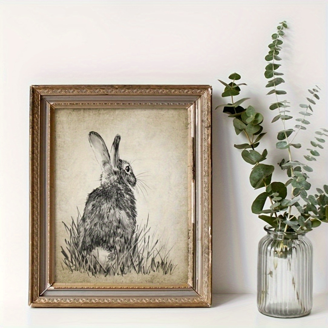 1pc Easter Bunny Wall Art Print, Vintage Rabbit Drawing Poster, Retro Bunny Painting Wall Pictures, Spring Easter Gift, Home Decor, Frameless Eid Mubarak