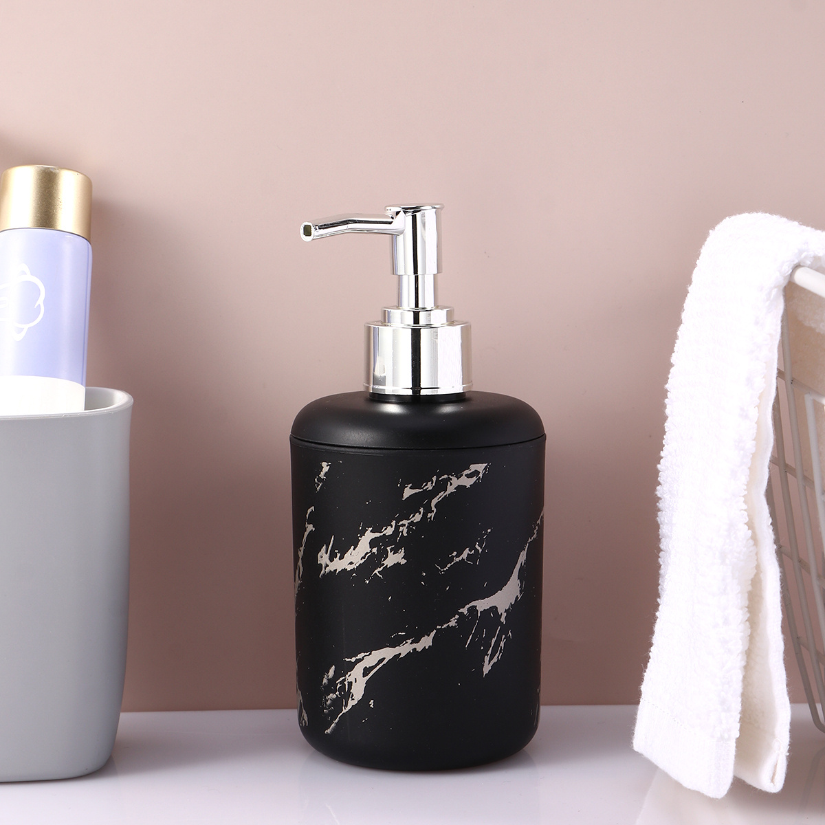 

1pc Black Ceramic Soap Dispenser With Silver Pump, Modern Marbled Pattern, Bathroom And Kitchen Accessory, Refillable Liquid Hand Soap Container