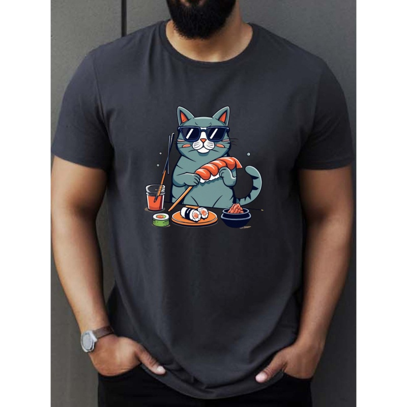

Cat Having Sushi Print T Shirt, Tees For Men, Casual Short Sleeve T-shirt For Summer