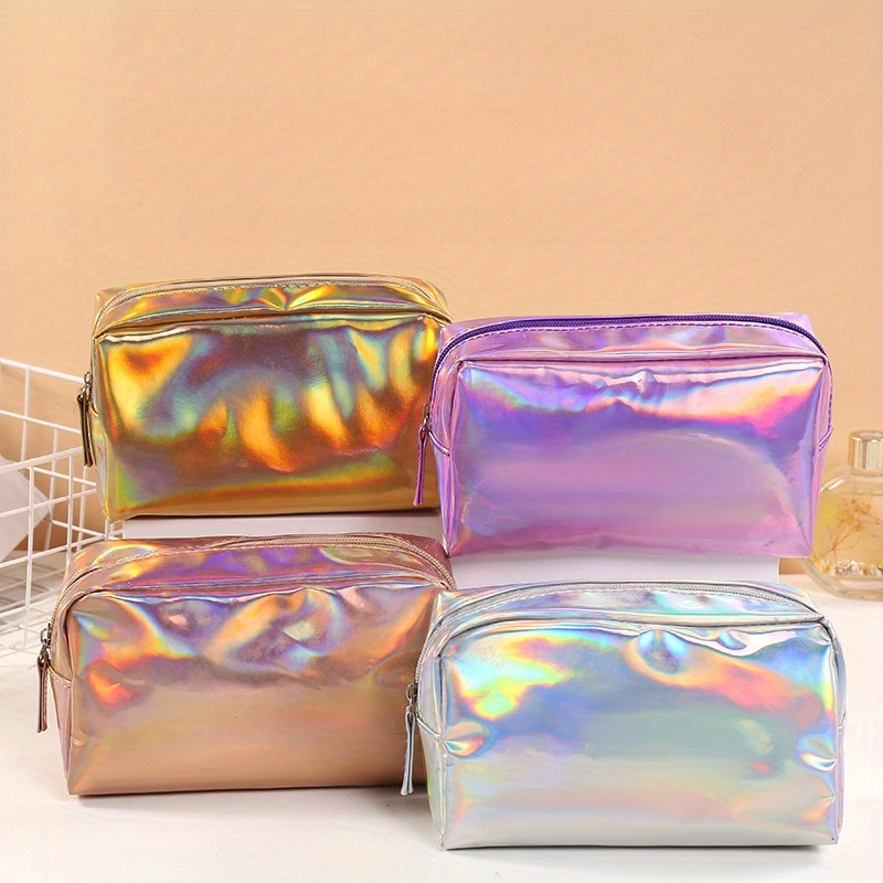 

Solid Color Laser Design Makeup Pouch, Zipper Lightweight Cosmetic Bag, Portable Toiletry Wash Bag For Carnaval And For Music Festival