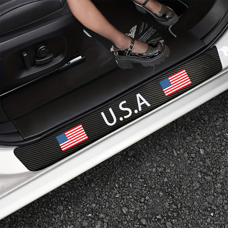 

4pcs American Flag Carbon Fiber Car Door Sill Protector - Patriotic Usa Film For Cars, Trucks, Suvs - Front/rear Door Scraper Protection With Usa Design, Car Door Sill Protection Strip