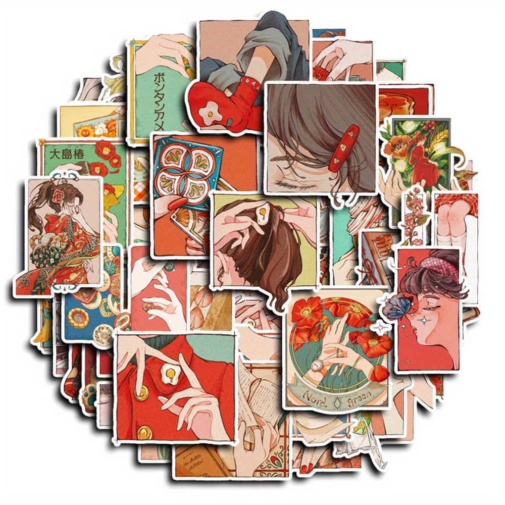 50pcs Retro Japanese Girl Illustration Stickers, Vinyl Stickers, For Water Bottles, Laptops, Computers, Phones, For Women, Students, Teachers, Employees, Arts And Crafts