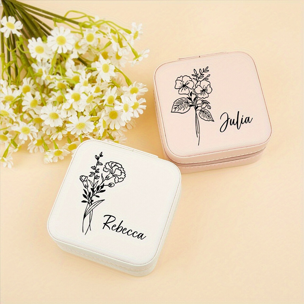 

1pc Customized Birthday Flower Pattern Jewelry Box, Leather Jewelry Storage Box For Home And Travel Use, Gift Package Display Box, Personalized Gift For Family And Friends