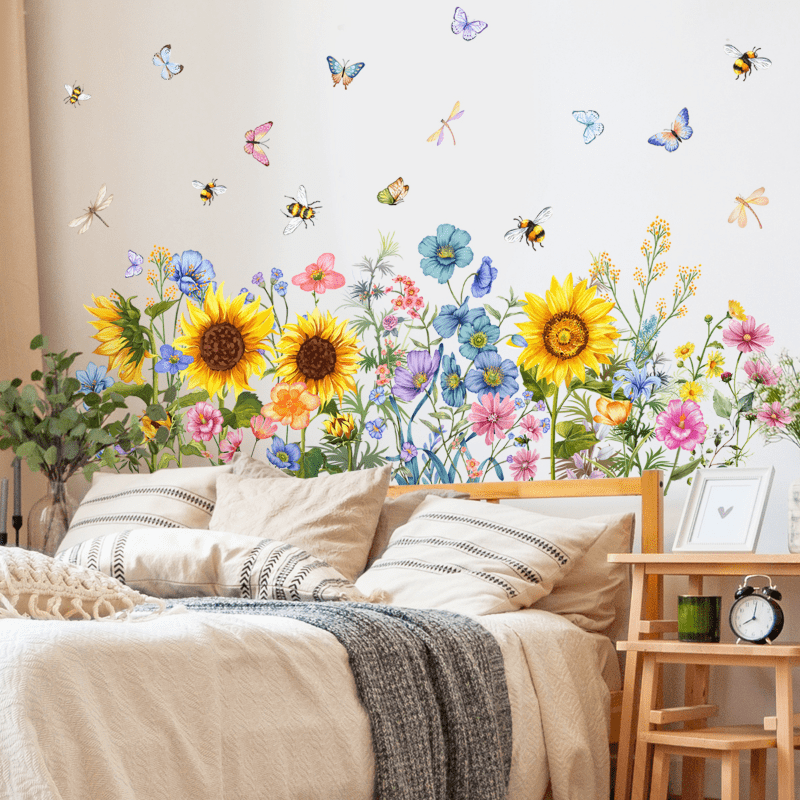 

1 Sheet Self-adhesive Removable Wall Sticker, Sunflower Sticker, Flower Wall Sticker, Decorative Sticker For Bedroom, Living Room, Office