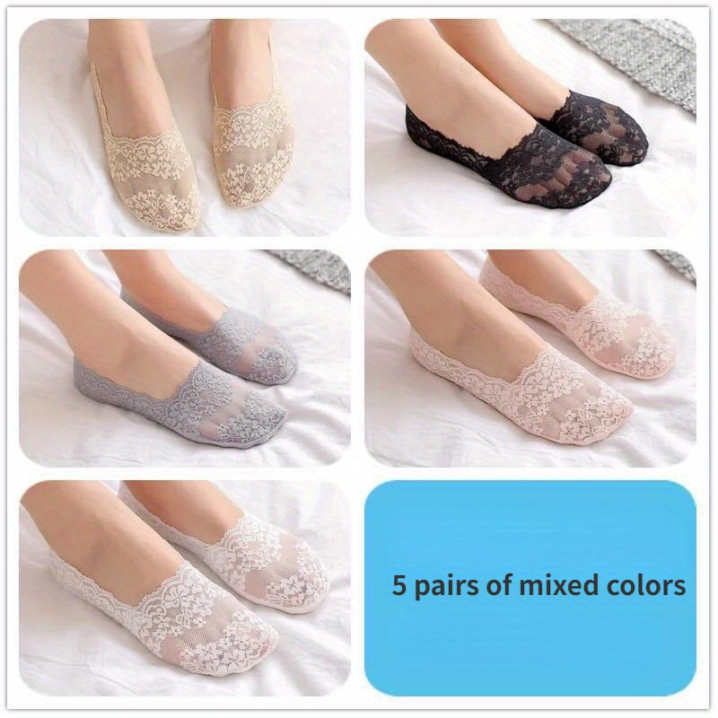 

5 Pairs Floral Lace Invisible Socks, Comfy & Lightweight Low Cut Socks, Women's Stockings & Hosiery