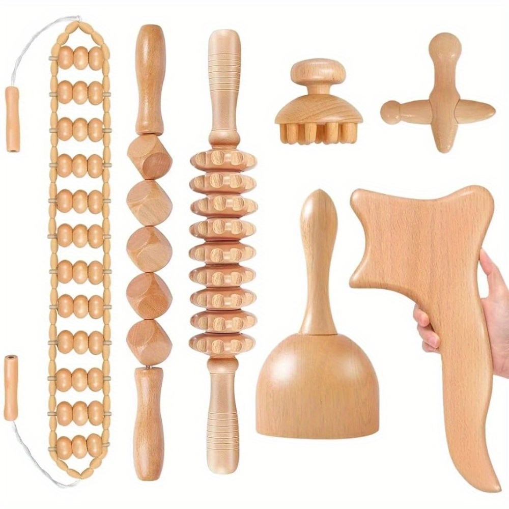 

7pcs Wood Massage Tools For Body Shaping Set, Anti Cellulite Massager, Maderoterapia Kit Colombiana, Lymphatic Drainag